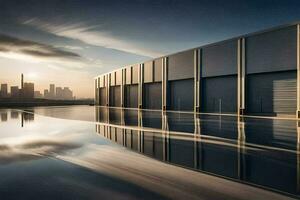 une grand entrepôt avec une ville horizon réfléchi dans le l'eau. généré par ai photo