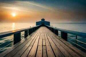 une jetée avec une phare à le coucher du soleil. généré par ai photo