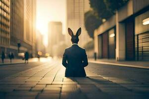 une homme dans une costume séance sur le sol avec lapin oreilles. généré par ai photo