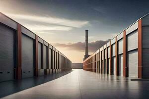 une longue couloir avec une usine bâtiment dans le Contexte. généré par ai photo