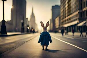 une lapin portant une bleu manteau et permanent sur le rue. généré par ai photo