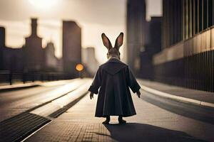 une lapin portant une manteau et chapeau des stands sur une rue. généré par ai photo