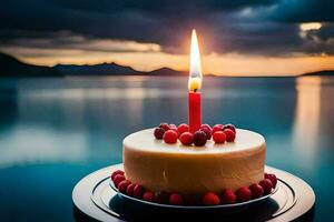 une anniversaire gâteau avec une allumé bougie sur Haut. généré par ai photo