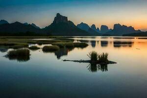 le Soleil ensembles plus de montagnes et l'eau dans une lac. généré par ai photo