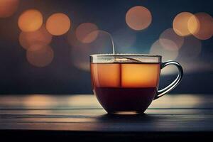 une tasse de thé sur une en bois tableau. généré par ai photo