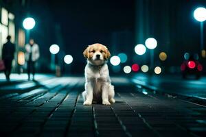 une chien séance sur le rue à nuit. généré par ai photo