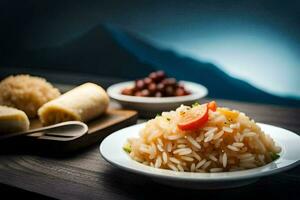 une assiette de riz et des légumes est servi sur une tableau. généré par ai photo