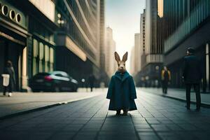 une lapin dans une bleu manteau des stands dans le milieu de une ville rue. généré par ai photo