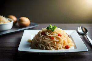 une assiette de spaghetti avec tomates et poivrons. généré par ai photo