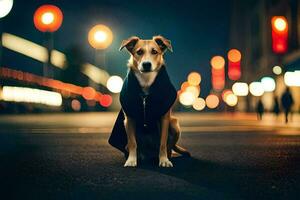 une chien séance sur le rue à nuit. généré par ai photo