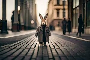 une lapin portant une manteau et attacher permanent sur une rue. généré par ai photo