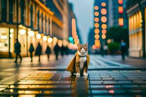 une chat dans une Jaune manteau permanent sur une rue. généré par ai photo