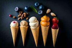 cinq la glace crème cônes avec différent les saveurs sur une noir Contexte. généré par ai photo