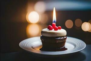 une petit gâteau avec une bougie sur Haut. généré par ai photo