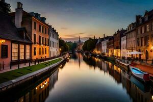 une canal dans bruges, Belgique à le coucher du soleil. généré par ai photo