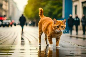 un Orange chat en marchant à travers une pavé rue. généré par ai photo