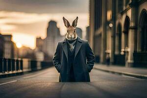 une lapin portant une costume et attacher permanent dans le milieu de une ville rue. généré par ai photo