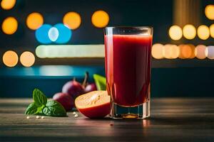 une verre de jus avec prunes sur une tableau. généré par ai photo