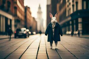 une lapin dans une manteau et attacher permanent sur une rue. généré par ai photo