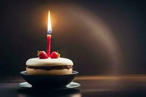 une Célibataire bougie est allumé sur une petit gâteau. généré par ai photo