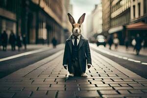 une lapin habillé dans une costume et attacher permanent sur une rue. généré par ai photo