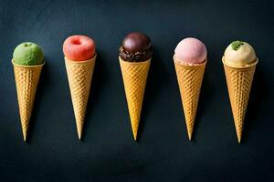 cinq la glace crème cônes avec différent les saveurs sur une noir Contexte. généré par ai photo