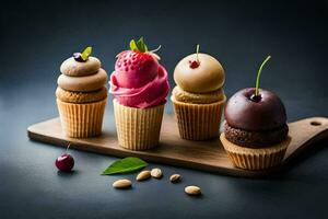 une groupe de petits gâteaux avec différent les saveurs. généré par ai photo