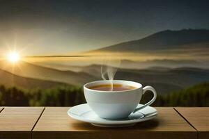 une tasse de thé sur une en bois table dans le montagnes. généré par ai photo