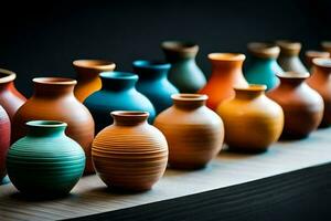 une rangée de coloré des vases sur une tableau. généré par ai photo