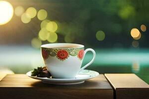 une tasse de thé sur une en bois table avec une vue de le l'eau. généré par ai photo