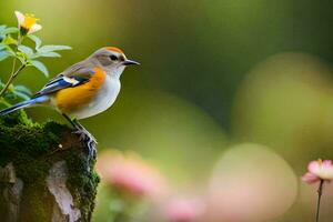 une petit oiseau est perché sur une arbre souche. généré par ai photo