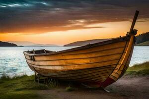 une bateau est assis sur le rive à le coucher du soleil. généré par ai photo