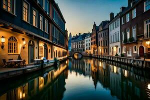 une canal dans une ville à crépuscule avec bâtiments et l'eau. généré par ai photo