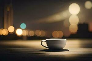 une tasse de café sur une table dans de face de une ville à nuit. généré par ai photo