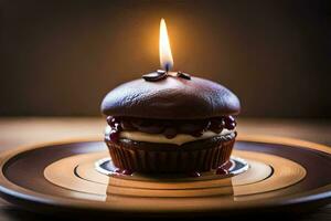 une Chocolat petit gâteau avec une bougie sur Haut. généré par ai photo