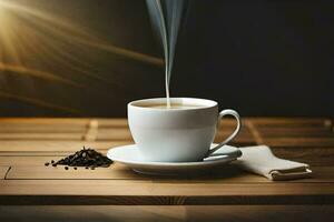 une tasse de café sur une en bois table avec une serviette de table et une cuillère. généré par ai photo