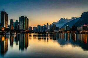 le ville horizon est réfléchi dans le l'eau à le coucher du soleil. généré par ai photo