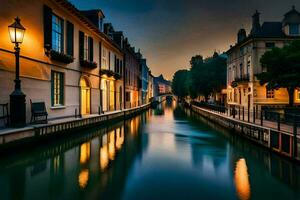 une canal dans le milieu de une ville à nuit. généré par ai photo