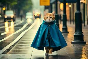 une chat portant une bleu cap des promenades vers le bas une rue. généré par ai photo