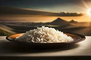 une bol de riz sur une table avec le Soleil réglage derrière il. généré par ai photo