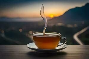 une tasse de thé sur une table dans le soir. généré par ai photo