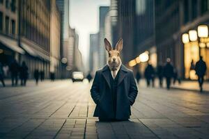 une lapin portant une costume et attacher dans le milieu de une ville rue. généré par ai photo