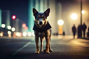 une chien permanent sur le rue à nuit. généré par ai photo