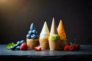 la glace crème cônes avec fruit et baies. généré par ai photo