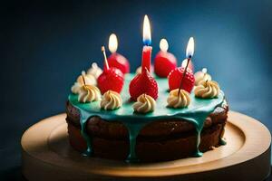 une anniversaire gâteau avec bougies sur il. généré par ai photo