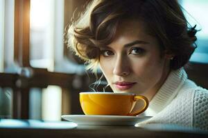 une femme est séance à une table avec une tasse de café. généré par ai photo