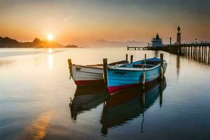 deux bateaux amarré à le rive de une Lac à le coucher du soleil. généré par ai photo