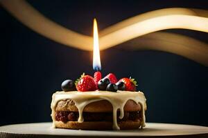 une anniversaire gâteau avec une bougie sur Haut. généré par ai photo