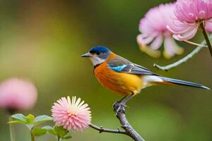 une coloré oiseau est assis sur une branche avec rose fleurs. généré par ai photo