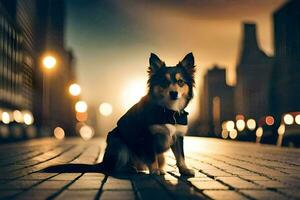 une chien séance sur le rue à nuit. généré par ai photo